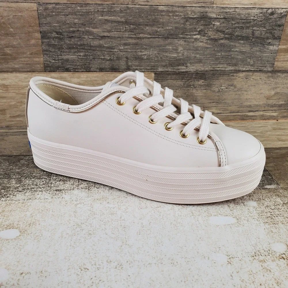 Keds Triple Up Womens Tennis Shoes Sz 8 M White Gold Leather Lace Up Platform